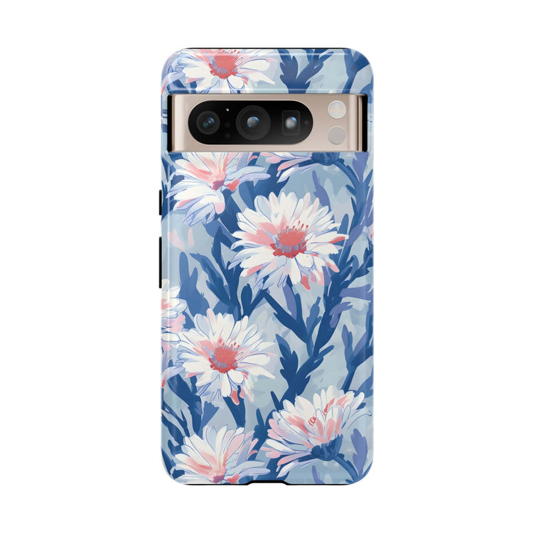 Pixel 7 case with a floral design of white Asters on a blue background, showing camera cut-out alignment and side button access.