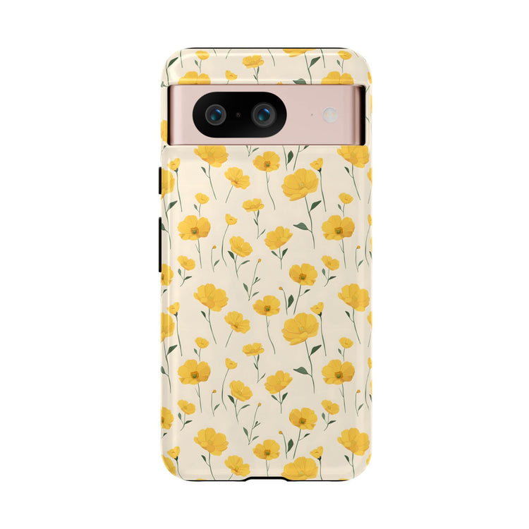 Google Pixel 6 Pro Phone Case with an elegant buttercup pattern displayed on top of a calming ivory cream background.