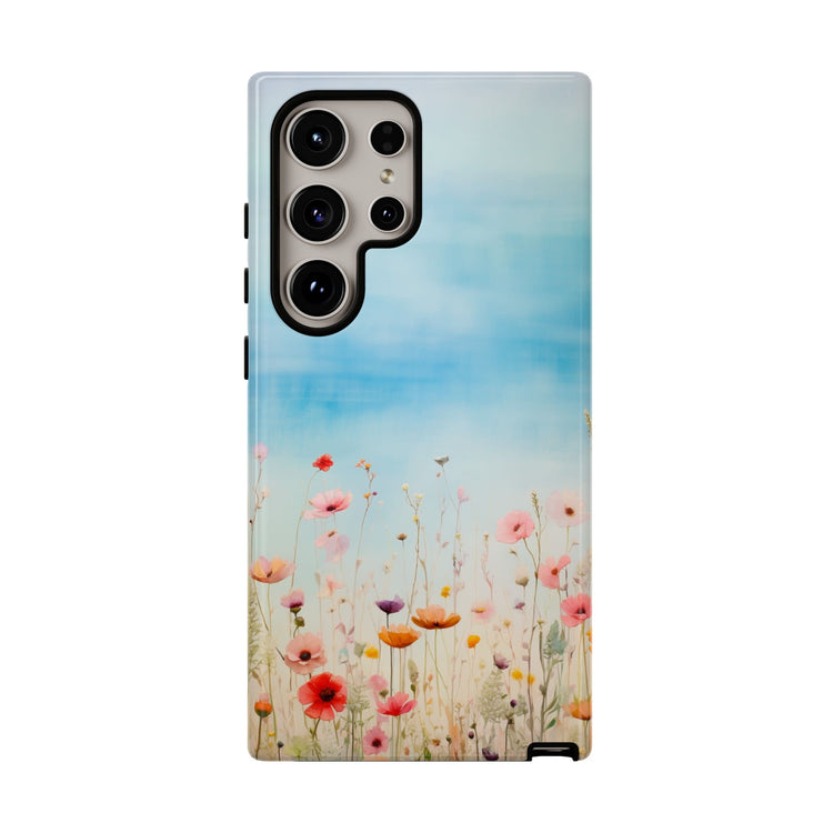 An image of a galaxy S24 Plus phone case with meadow flowers and clear blue sky above.