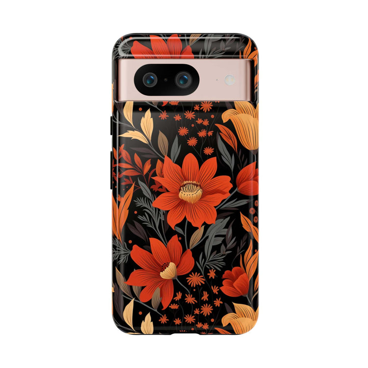 A Google Pixel 6 Phone Case showcasing a selection of vibrant red and orange flowers on a stark black background.