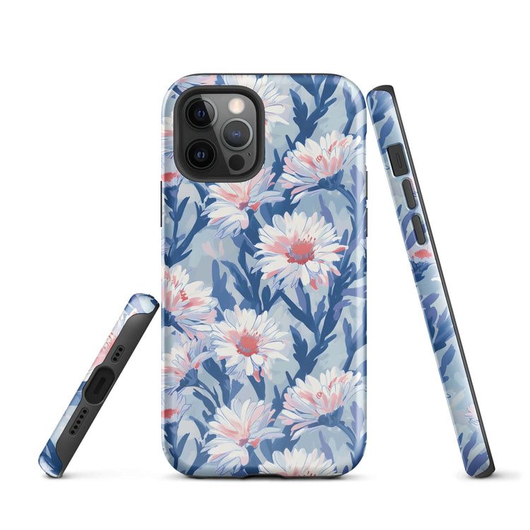 An iPhone 12 Pro Case with White Aster flowers with aqua blue leaves sketched onto a sky blue background.