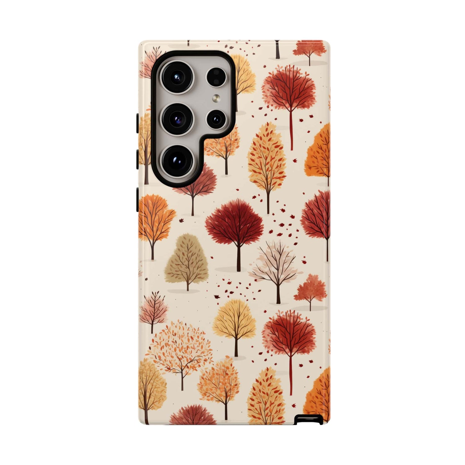 Galaxy S24 Ultra Phone Case with an autumn themed print of trees in rich browns and reds.