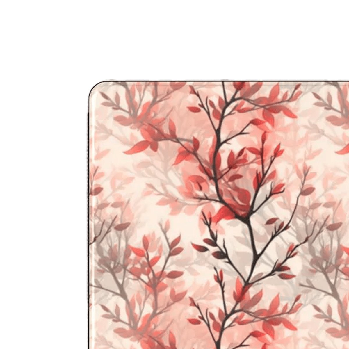 An iPad case featuring a red bud tree blossom pattern on top of a salmon coloured background.