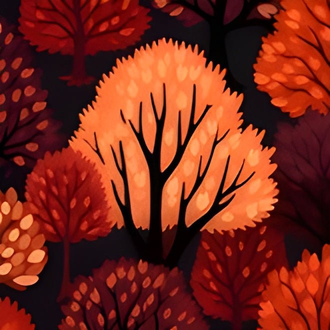 Crimson Forest: Autumn Trees in Vibrant Detail - Pattern Symphony