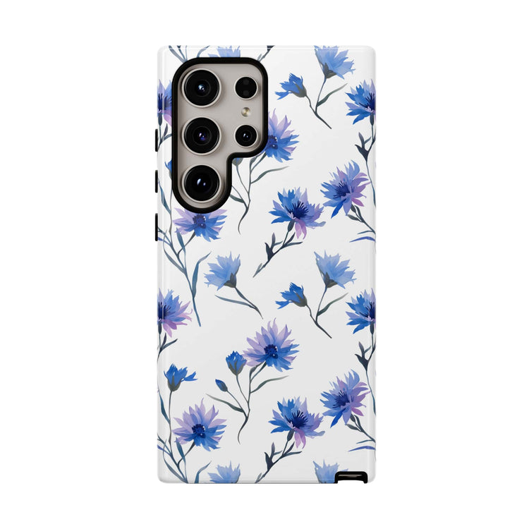 A Samsung S23 Ultra Case with a white and blue flower pattern printed on to it.