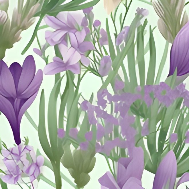 Lush Spring Garden: Purple Crocuses, Lavender Iris and Hyacinth - Pattern Symphony