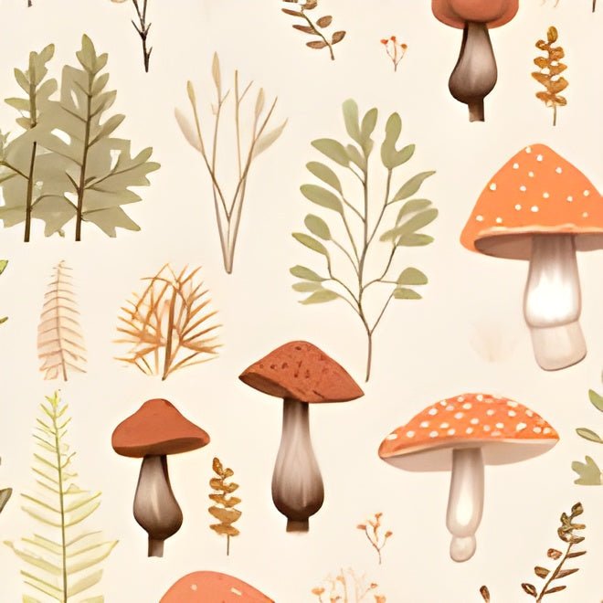 Mushroom Haven: Autumnal Tones Botanical Illustration - Pattern Symphony