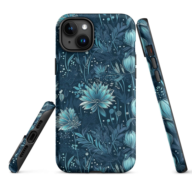 iPhone 15 Plus case with a navy blue background, an intricate pattern of light blue and silver flowers with delicate foliage. The design is featured from various angles, highlighting the precise cut-outs for the camera and side buttons.