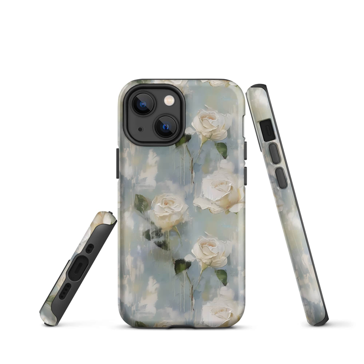 iPhone 13 Mini with an oil painting style design in white roses printed onto it.