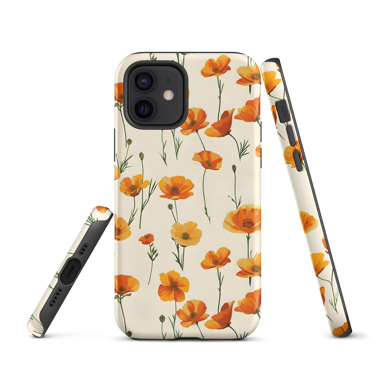 an iPhone 12 Case with a display of poppies scattered across it the a calming cream background.