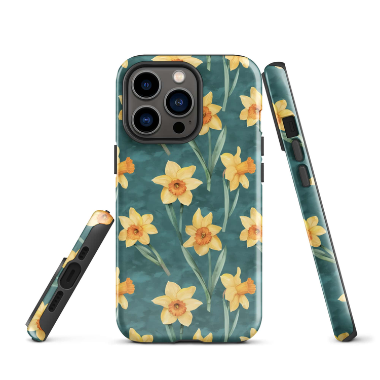iPhone 13 Pro Case featuring painted daffodils on an aqua coloured background.