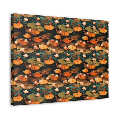 Orange Lotus Whisper: Autumn on the Water - Satin Canvas, Stretched