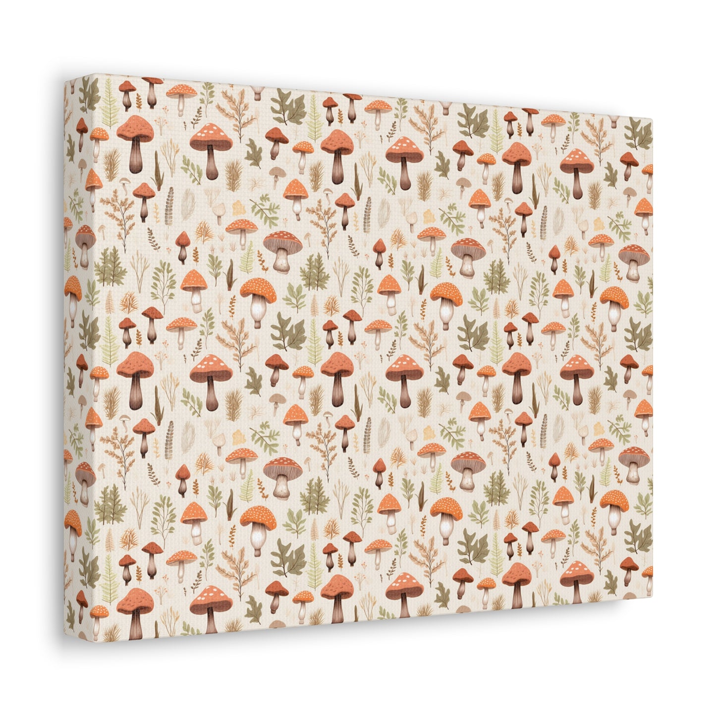 Mushroom Haven: Autumnal Tones Botanical Illustration - Satin Canvas, Stretched