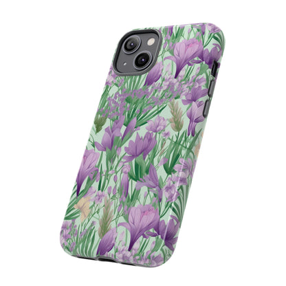 Lush Spring Garden Tough Phone Case - Featuring Purple Crocuses, Lavender Iris, and Hyacinth Design