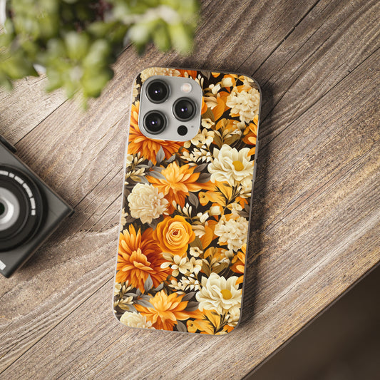 Autumnal Romance: Golden and White Blossoms on Black - Flexible Phone Case
