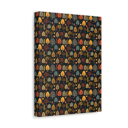 Mid-Century Mosaic: Dappled Leaves and Folk Imagery - Satin Canvas, Stretched