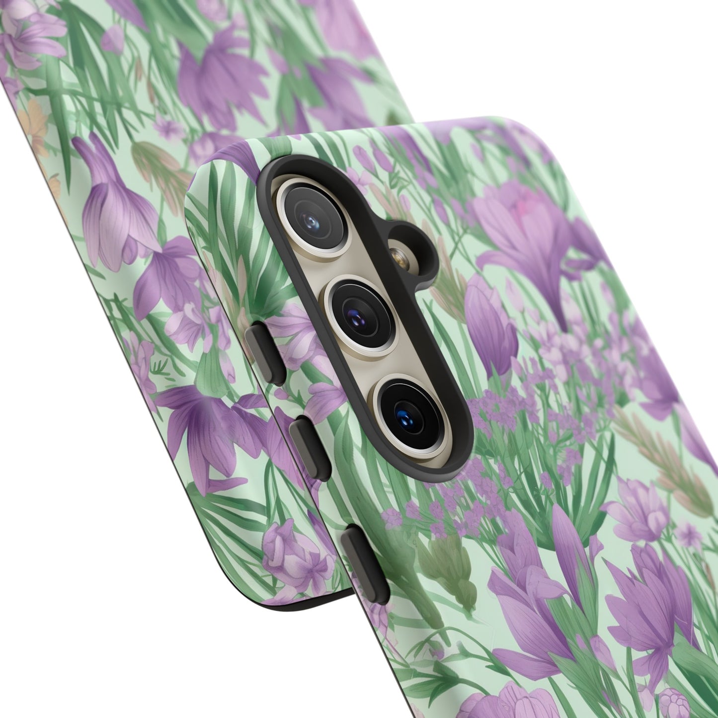 Lush Spring Garden Tough Phone Case - Featuring Purple Crocuses, Lavender Iris, and Hyacinth Design