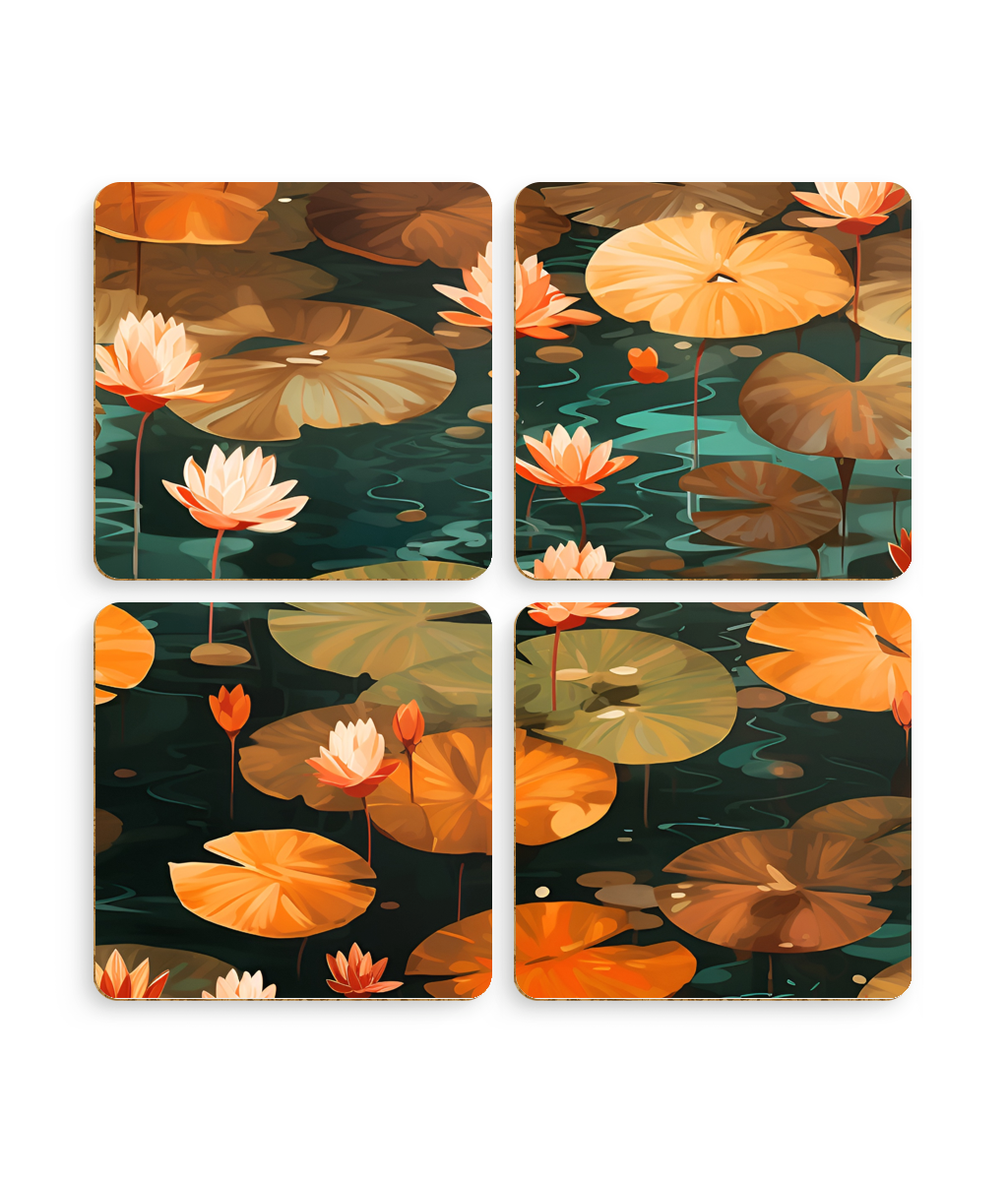 Orange Lotus Whisper: Autumn on the Water - Pack of 4 Coasters