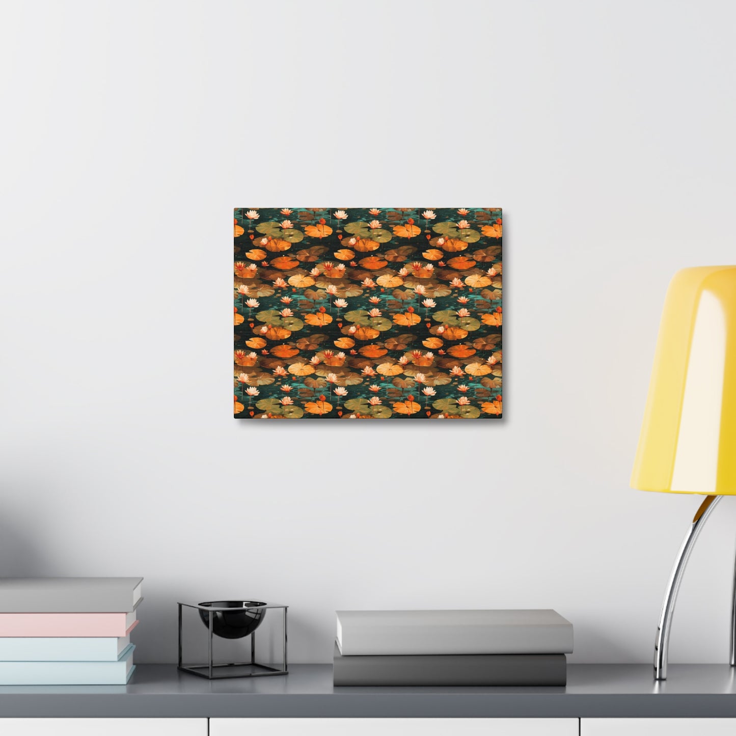Orange Lotus Whisper: Autumn on the Water - Satin Canvas, Stretched