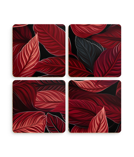 Scarlet Whispers: Lush Autumn Colours in Botanical Bliss - Pack of 4 Coasters