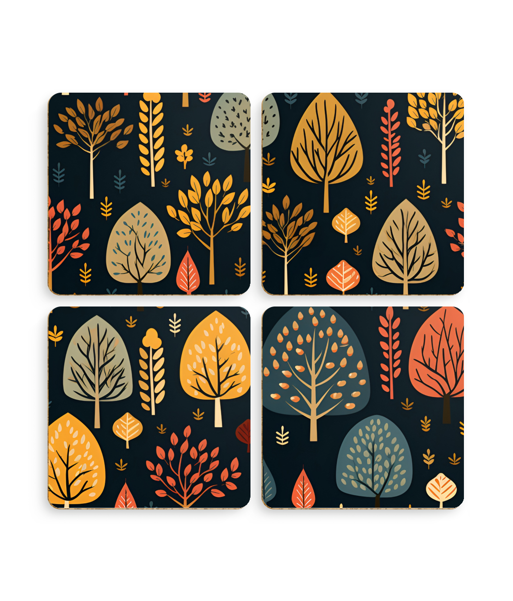 Mid-Century Mosaic: Dappled Leaves and Folk Imagery - Pack of 4 Coasters