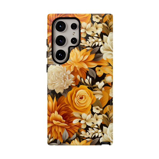 Autumnal Romance: Golden and White Blossoms on Black - Tough Phone Case