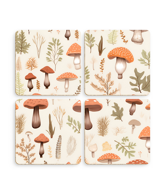 Mushroom Haven: Autumnal Tones Botanical Illustration - Pack of 4 Coasters