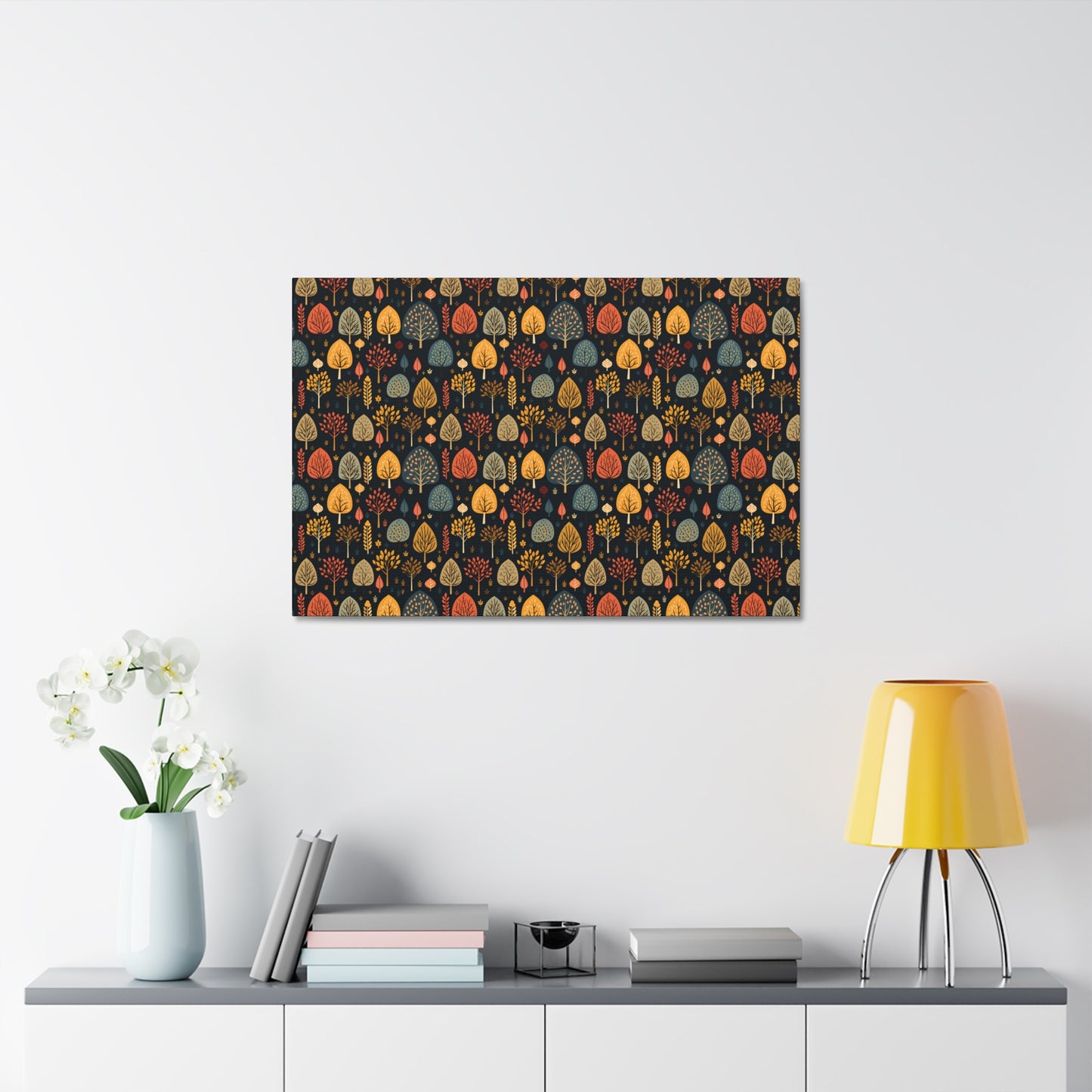 Mid-Century Mosaic: Dappled Leaves and Folk Imagery - Satin Canvas, Stretched