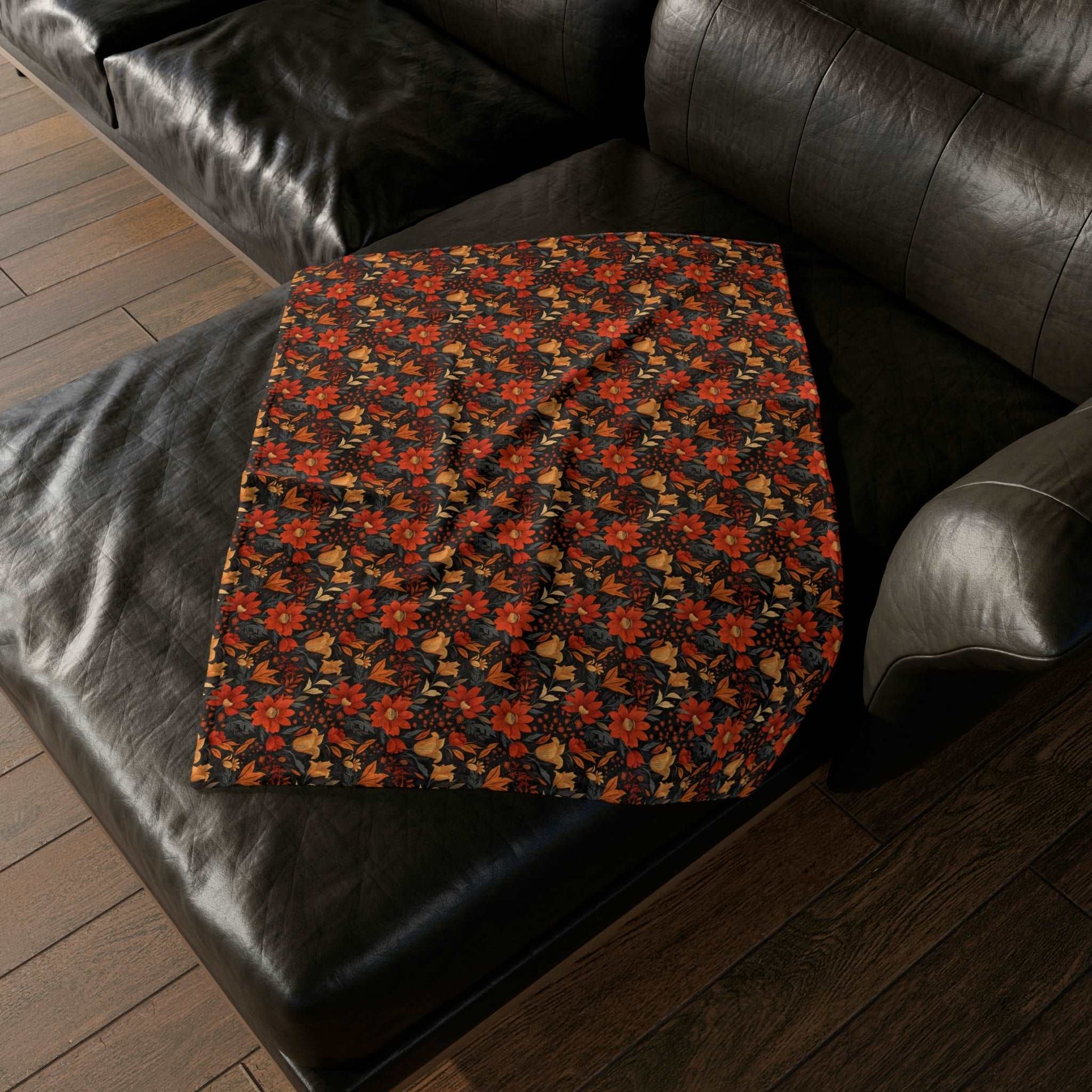 Autumn Blossom Noir: A Dark Floral Canvas - The Ideal Throw for Sofas - Pattern Symphony