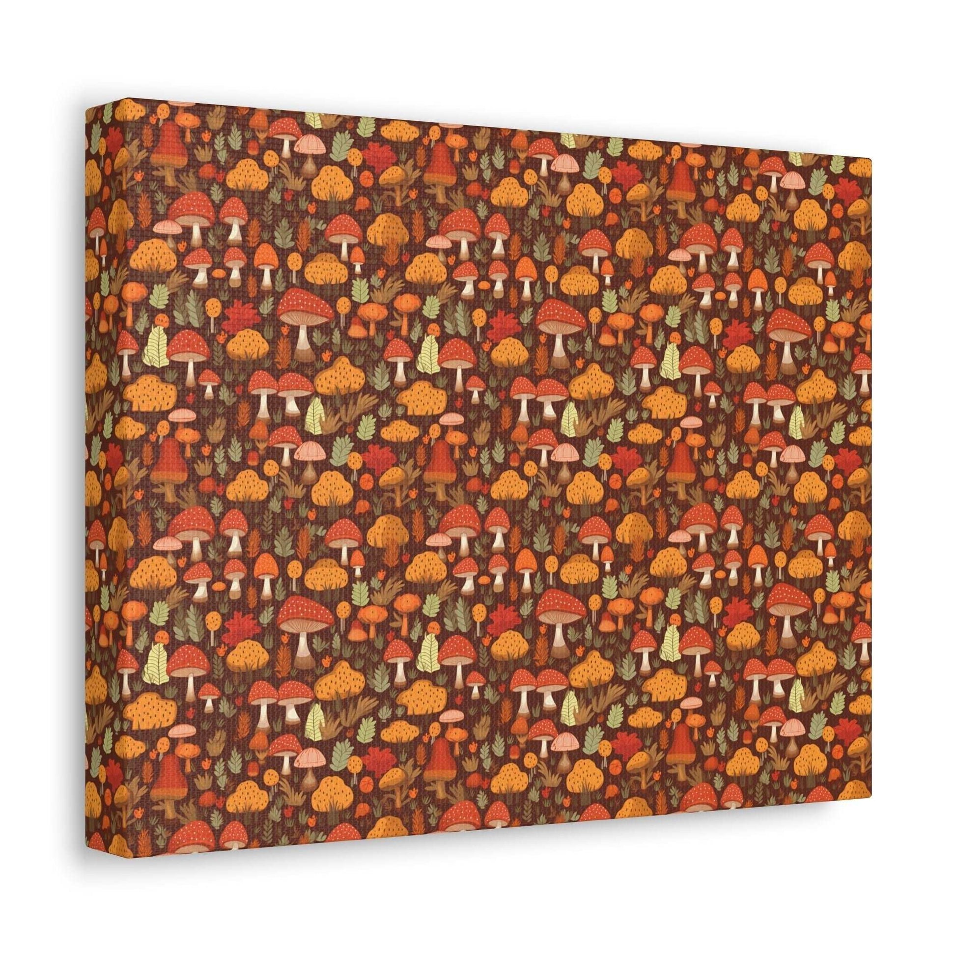 Autumn Spore Wonderland: Enchanting Mushroom and Leaf Designs - Satin Canvas, Stretched - Pattern Symphony