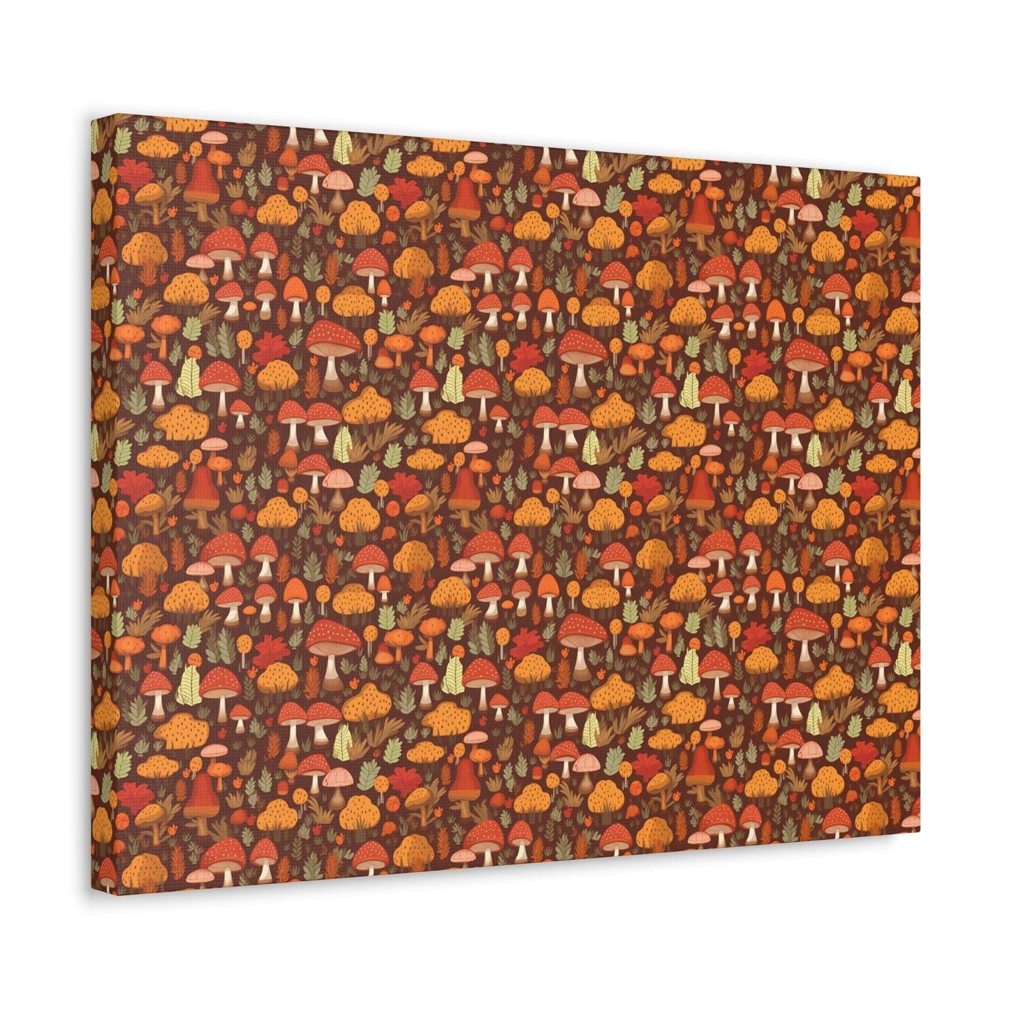 Autumn Spore Wonderland: Enchanting Mushroom and Leaf Designs - Satin Canvas, Stretched - Pattern Symphony