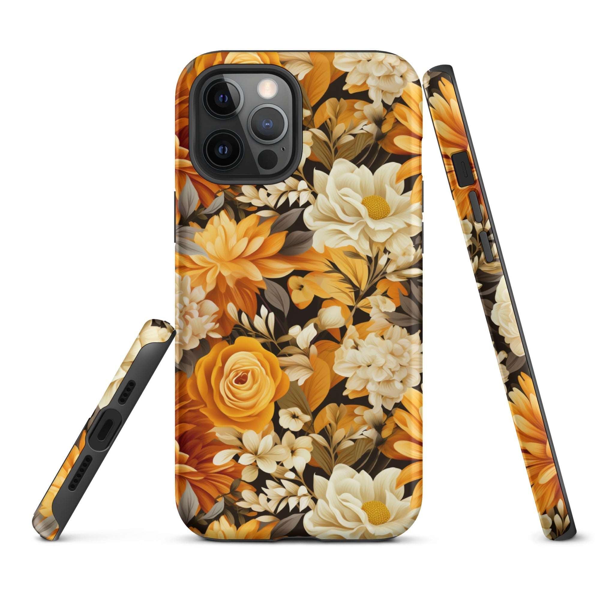 Autumnal Romance - Golden and White Blossoms on Black - iPhone Case - Pattern Symphony
