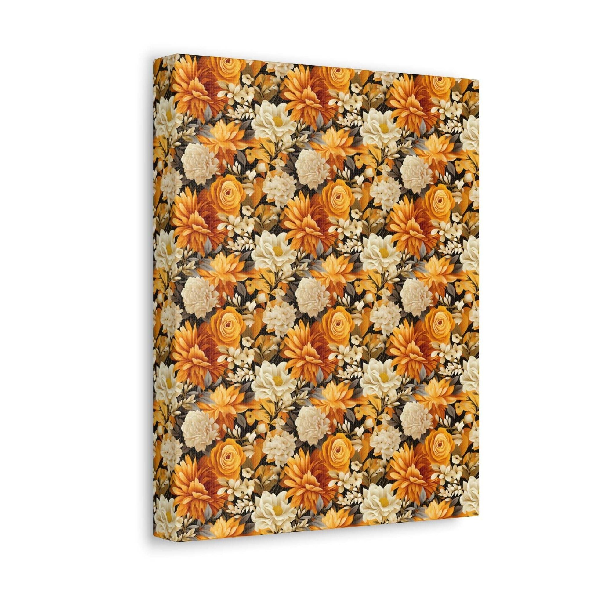 Autumnal Romance: Golden and White Blossoms on Black - Satin Canvas, Stretched - Pattern Symphony