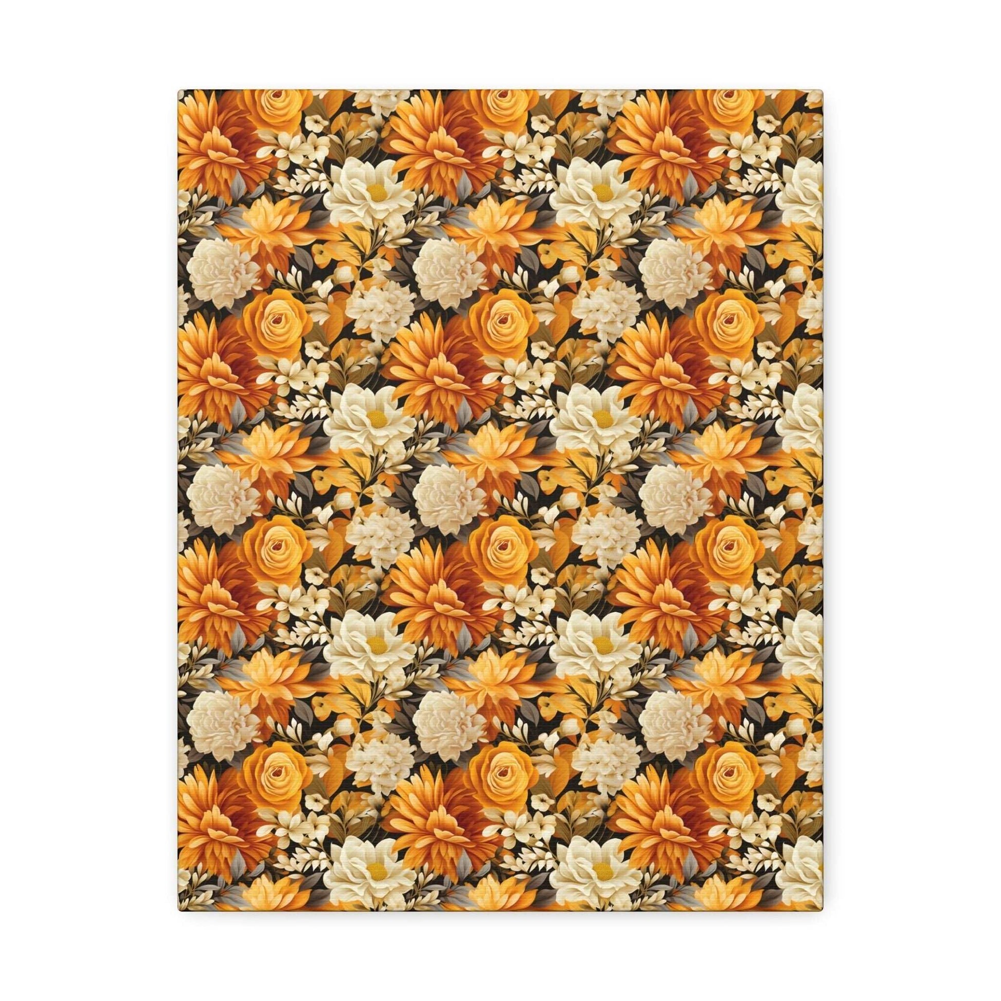 Autumnal Romance: Golden and White Blossoms on Black - Satin Canvas, Stretched - Pattern Symphony