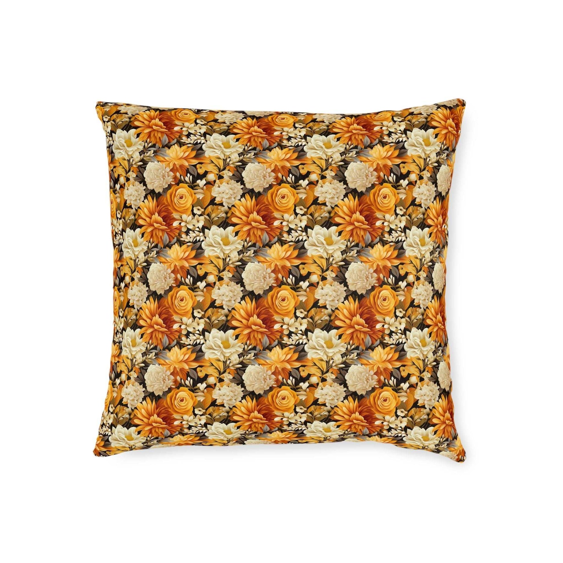 Autumnal Romance: Golden and White Blossoms on Black - Square Pillow - Pattern Symphony