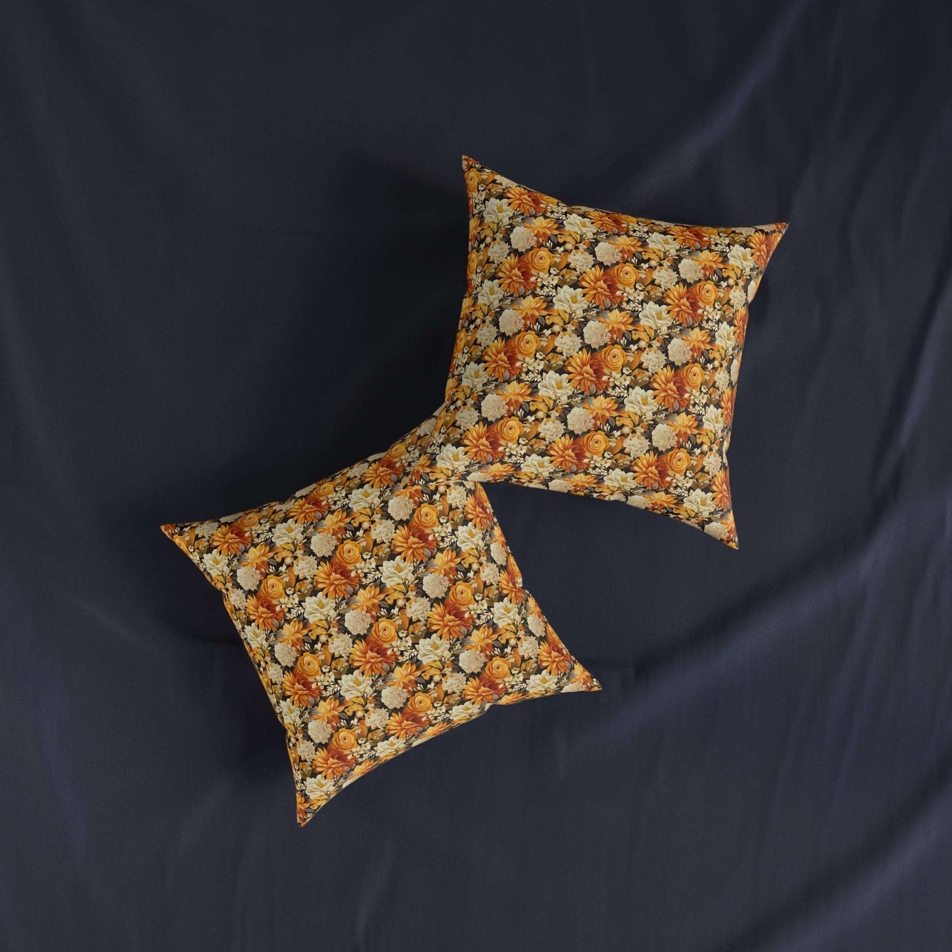 Autumnal Romance: Golden and White Blossoms on Black - Square Pillow - Pattern Symphony