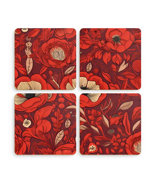 Radiant Spring Blossoms - Vibrant Red Floral Design - Pack of 4 Coasters