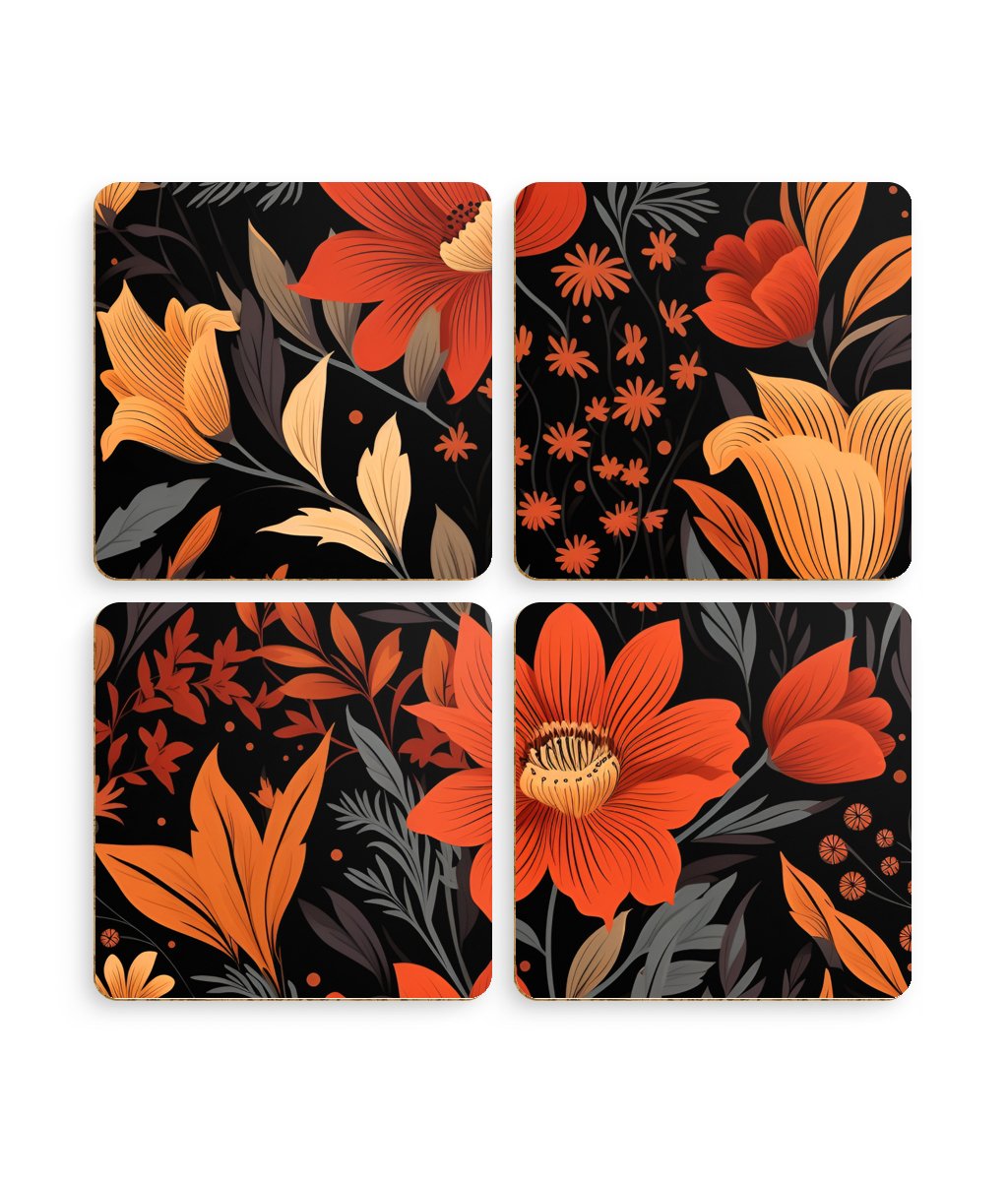 Autumn Blossom Noir: A Dark Floral Canvas - Pack of 4 Coasters - Pattern Symphony
