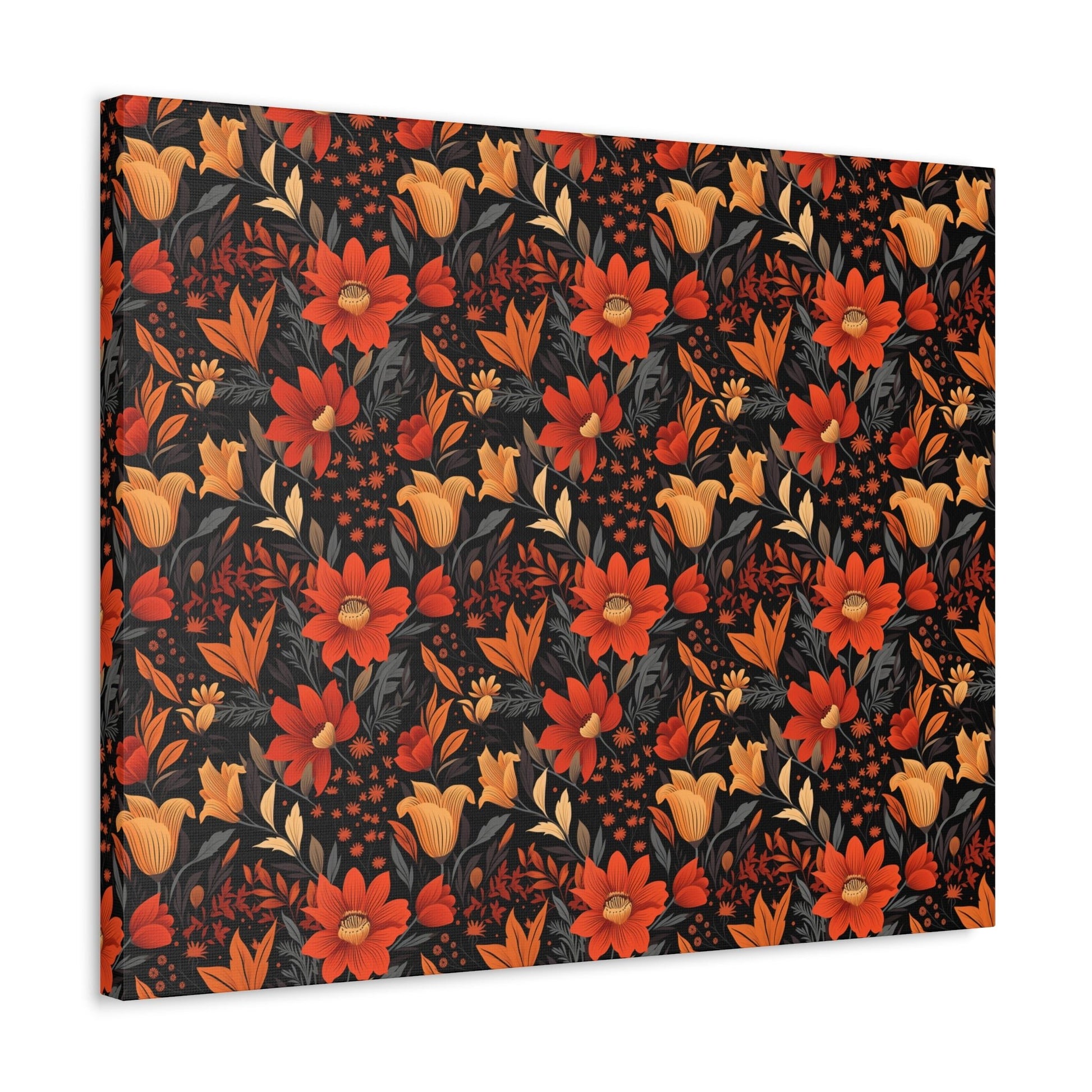 Autumn Blossom Noir: A Dark Floral Canvas - Satin Canvas, Stretched - Pattern Symphony
