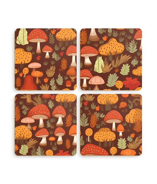 Autumn Spore Wonderland: Enchanting Mushroom and Leaf Designs - Pack of 4 Coasters - Pattern Symphony