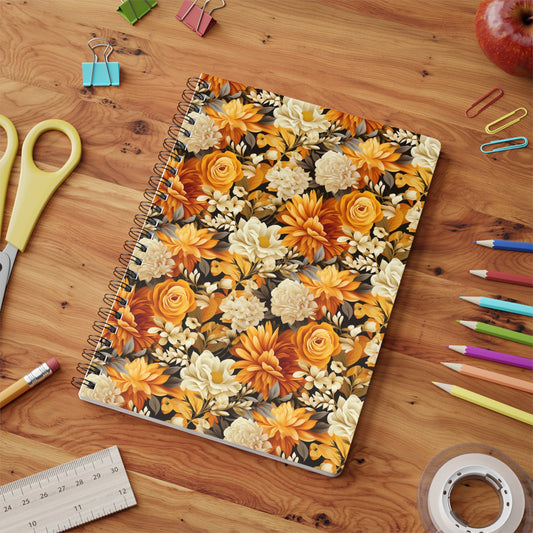 Autumnal Romance: Golden and White Blossoms on Black - Notebook (A5) - Pattern Symphony
