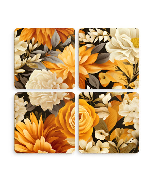 Autumnal Romance: Golden and White Blossoms on Black - Pack of 4 Coasters - Pattern Symphony