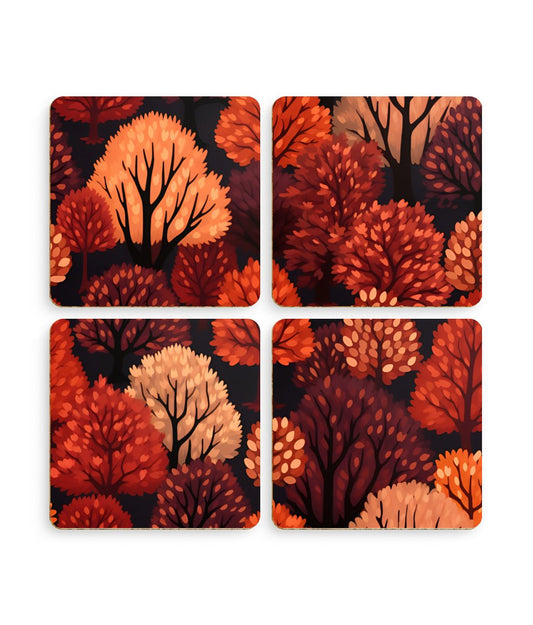 Crimson Forest: Autumn Trees in Vibrant Detail - Pack of 4 Coasters - Pattern Symphony