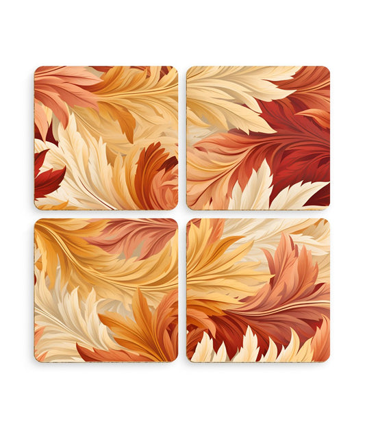 Feathered Foliage: Rococo-Inspired Autumn Patterns - Pack of 4 Coasters - Pattern Symphony