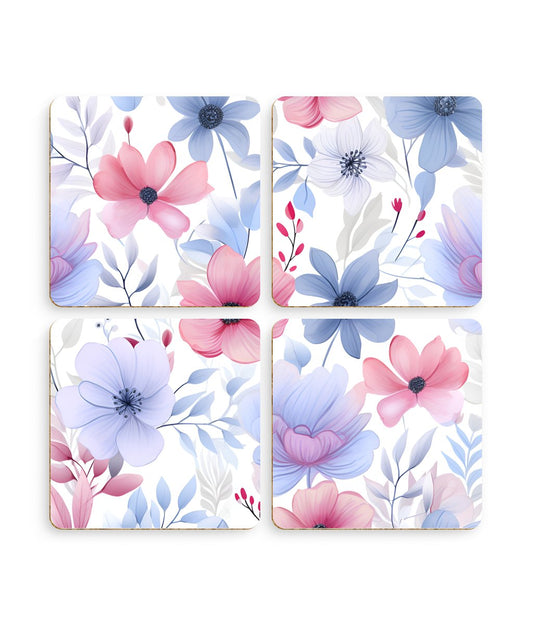 Floral Whispers - Subtle Shades of Violets, Pinks, and Blues - Pack of 4 Coasters - Pattern Symphony