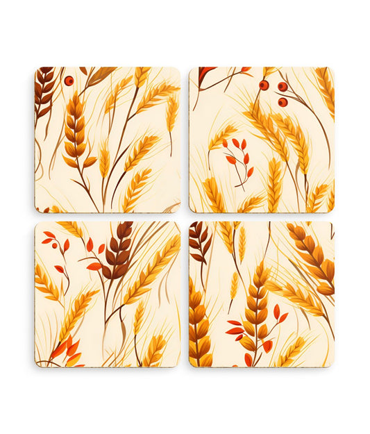 Golden Harvest: An Autumn Collage of Wheat and Berries - Pack of 4 Coasters - Pattern Symphony