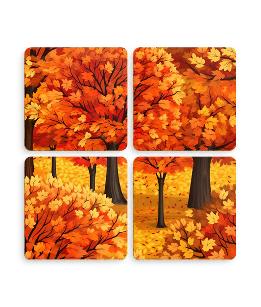 Impasto-Style Woodlands: High-Contrast Autumn Foliage - Pack of 4 Coasters - Pattern Symphony