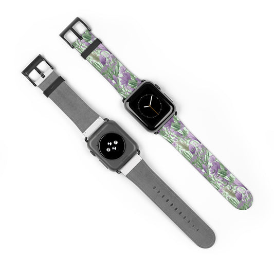Lush Spring Garden - A Tapestry of Purple Crocuses, Lavender Iris, and Hyacinth - Apple Watch Strap - Pattern Symphony