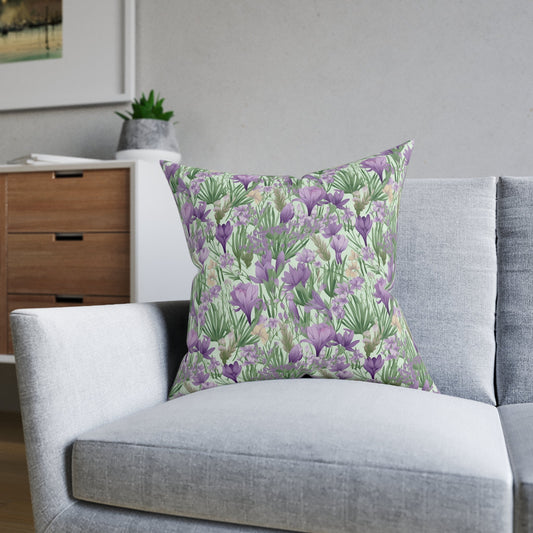 Lush Spring Garden: Purple Crocuses, Lavender Iris and Hyacinth Sofa and Chair Cushion - Pattern Symphony