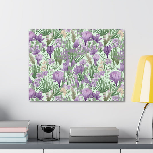 Lush Spring Garden - Purple Crocuses, Lavender Iris, and Hyacinth Wall Art Canvas - Pattern Symphony